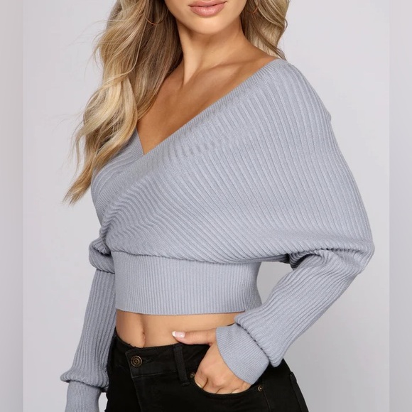 Windsor Faux Wrap Ribbed V Neck V Back Dolman Sleeve Sweater Grey Sz M - Picture 5 of 5